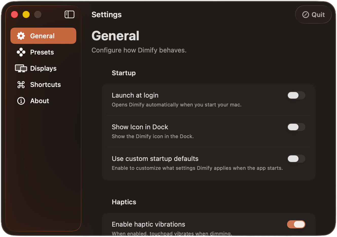 Dimify Settings Orange